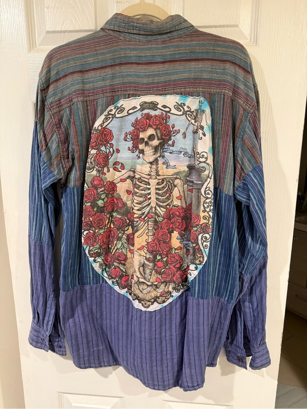 Striped Blue Multicolor Men's Button-Up Shirt with “Bertha” Skulls and Roses